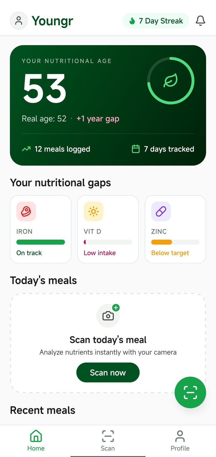 Youngr app showing Nutritional Age 53, nutritional gaps for iron, vitamin D and zinc, and today's meal scan