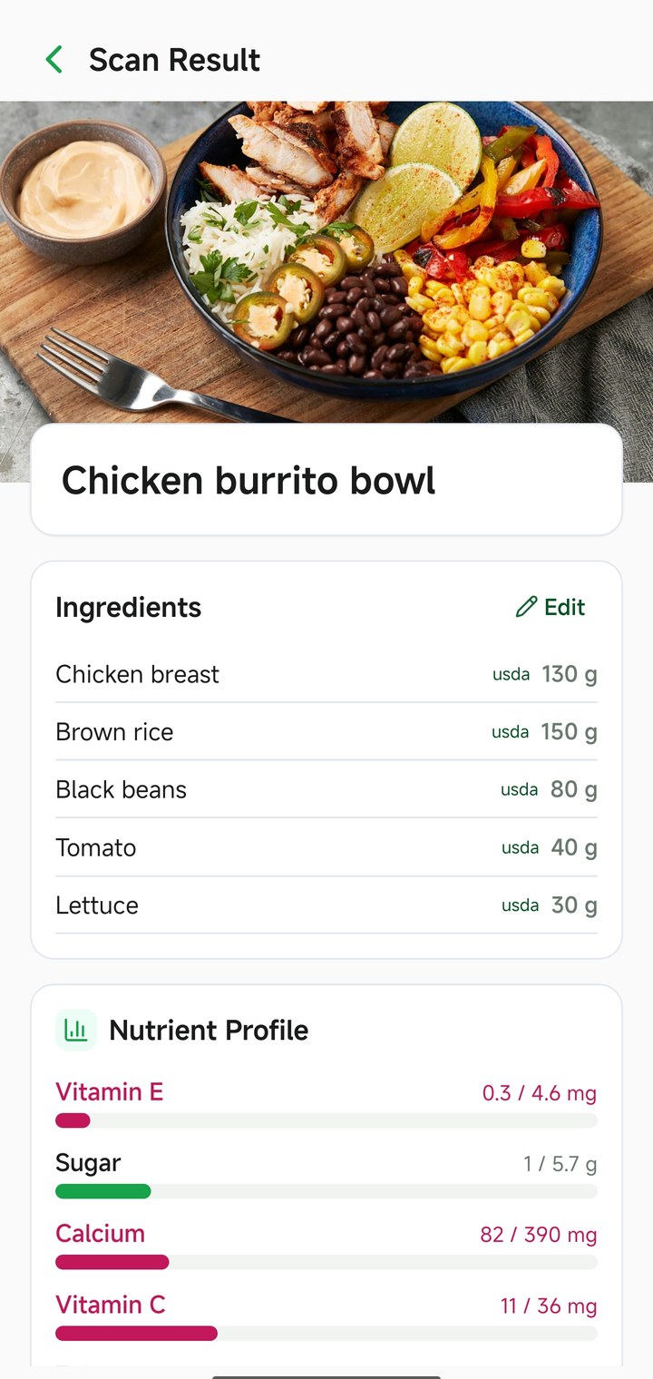 Youngr scan result showing a chicken burrito bowl with chicken breast, brown rice, black beans, tomato and lettuce — ingredients list and nutrient profile